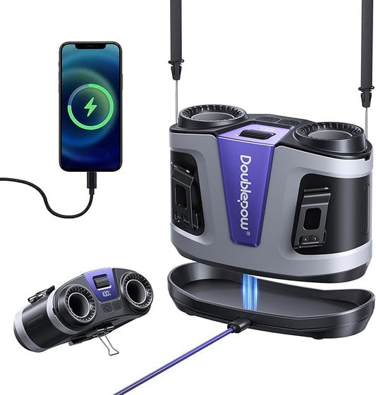 Doublepow 24000mAh Portable Waist Fan, Personal Fan, Dual Air Ducts Motors, 2026 Upgrade Equipped Charging Dock Storm Mode 1-100 Roller Adjustmen, Wearable Neck Clip On Belt, for Outdoor, Work (Gray)