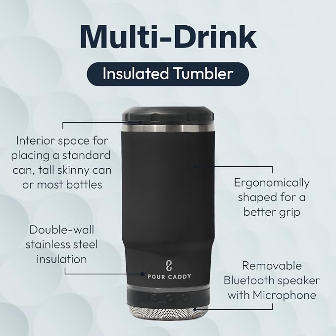 Vibe 4 In 1 Bluetooth Speaker Cup, Insulated Can and Bottle Holder for Hot or Cold Drinks, Double Wall Stainless Steel Drinkware, Fits 12 oz Cans or 14 oz Liquid, Black