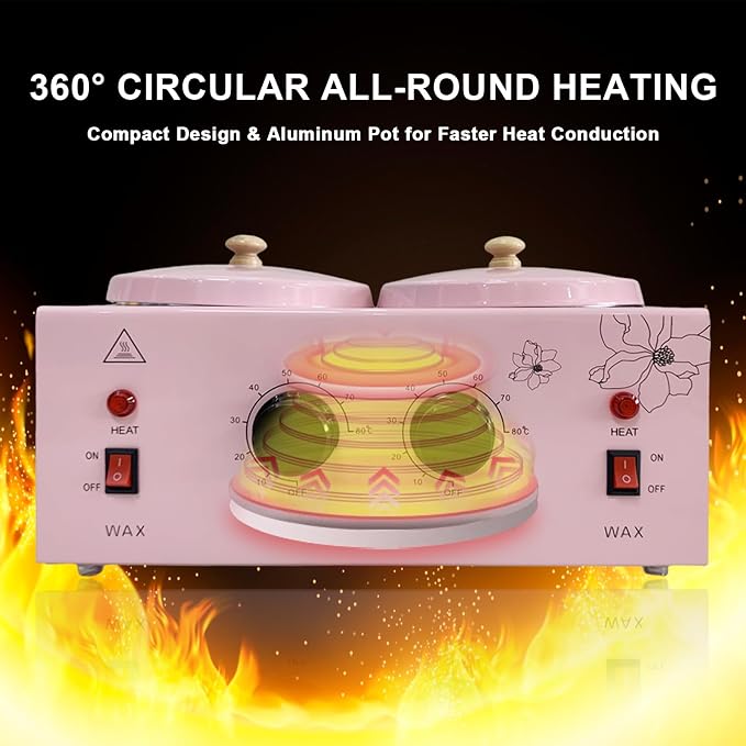 Double Pots Wax Warmer Professional Melted Wax Beads for Hair Removal,Fast Electric Wax Heater with Adjustable Temperature Set for Women (Pink-Double Pots)