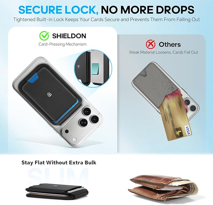 SHIELDON Genuine Leather Strong Magnetic Wallet for MagSafe, Phone Wallet Stand for Men Women, 6 Card Holders, Angle Adjustment, RFID Blocking, Compatible with iPhone 17/16/15/14/13/12 Series - Black