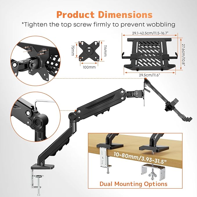 PUTORSEN Laptop Arm Mount Desk - Fits Max 18" Notebook and 40" Computer Screen, 2-in-1 Monitor Mount with Adjustable Laptop Tray, Hold Up to 26.5lbs
