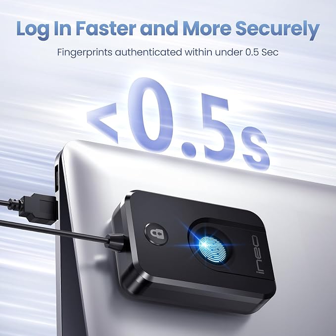 ineo USB Fingerprint Reader for Windows 10/11, Windows Hello, One-Touch Login & Screen Lock, Plug & Play, Password-Free, 5ft Cable [Not for Mac]