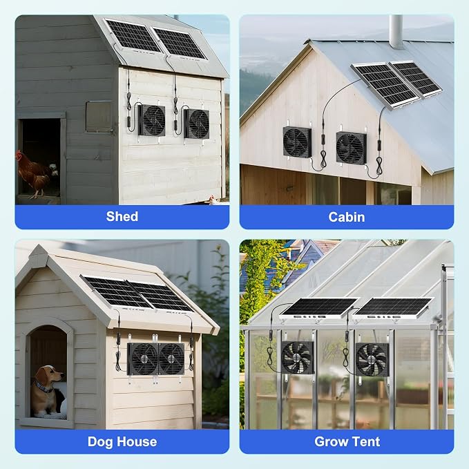 7.5" Solar Chicken Coop Fan 2 Pack, 15W x 2 Solar Powered Greenhouse Fan, Solar Exhaust & Intake Fans Outdoor Waterproof, for Doghouse Shed Pet Air Circulation Ventilation Cooling, No Battery