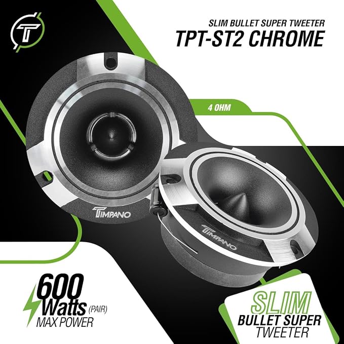 Timpano 1600 Watts Bundle 2X 6.5 Midrange Speakers TPT-MR6-4 Bullet 500 Watts, 4 Ohm + 2X Super Tweeters TPT-ST2 Chrome for Car Audio Systems (2 Speakers, 2 Tweeters)