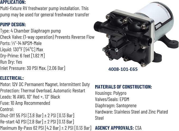 PENTAIR SHURFLO Revolution 4008-101-E65 RV Fresh Water Pump 12V 3.0 GPM 55 PSI Quiet Automatic Demand Diaphragm By-Pass Pump