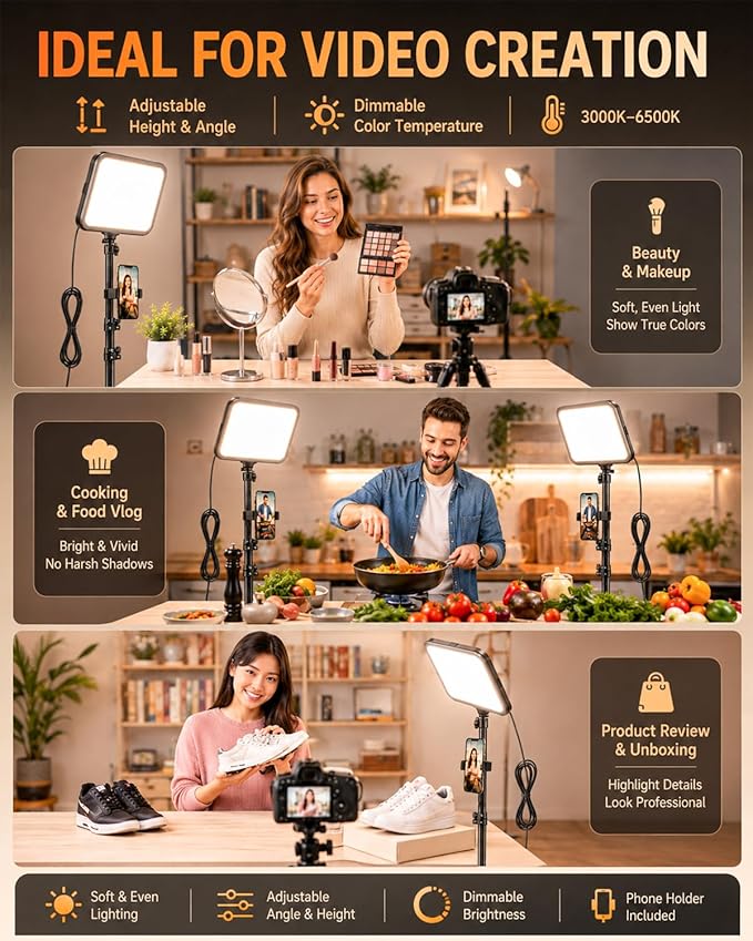 Torjim 12 Inch Video Light Kit for Creators, 30W High Brightness Studio Lights with Tripod Stand & Phone Holder, 3000-6500K Adjustable Photography Lighting for Clearer YouTube Streaming Home Studio