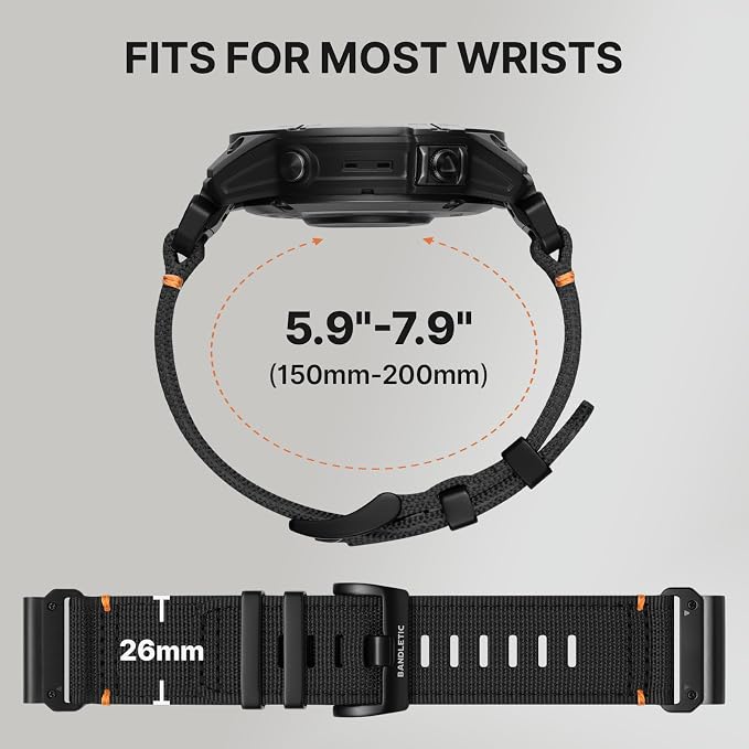 Bandletic Compatible with Garmin Fenix 8 51mm 7X 6X 5X Watch Band - 26mm Quick Fit Rugged Nylon Strap for Fenix 7X 6X Pro/5X Plus/3/3 HR/Instinct 2X Solar 3 50mm /Enduro/Quatix 6X 7X/Tactix/Epix Pro 2