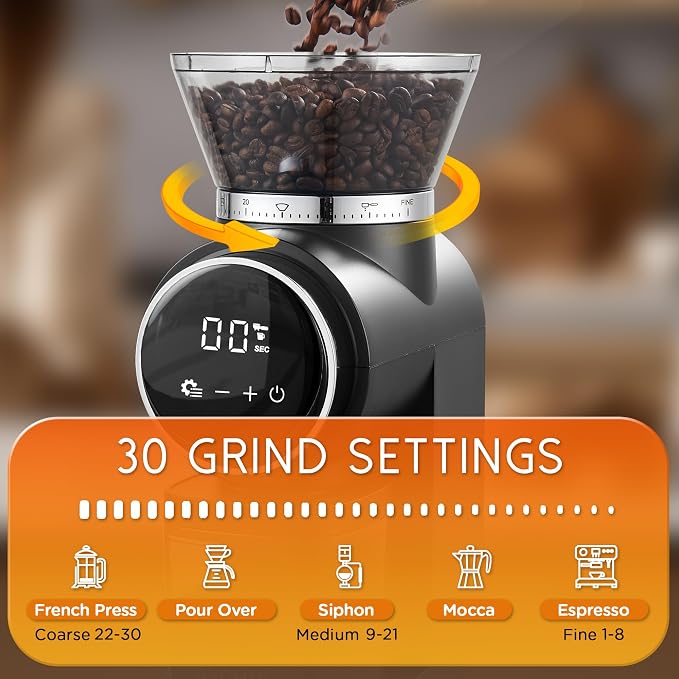 Ollygrin Conical Burr Coffee Grinder Electric, Compact Coffee Grinder for Home Use,Burr Mill Grinder with 30 Precise Grinding Sizes, Touch Panel, Removable Burr & Coffee Container, 2-12 Cups