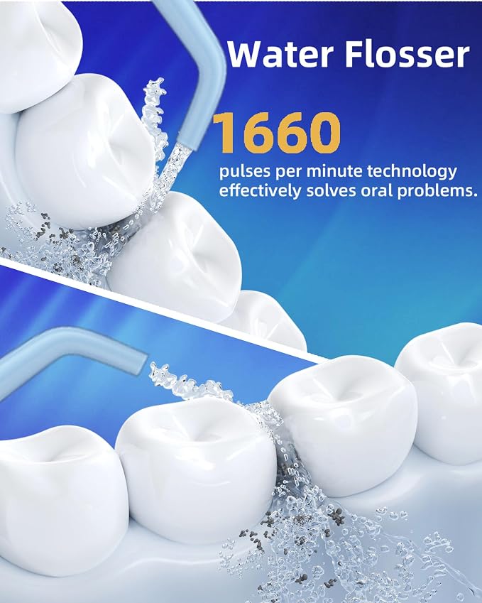 Electric Water Dental Flosser - Cordless Portable Teeth Cleaner, Rechargeable 320ML Larger Water Tank Oral Irrigator, 4 Modes with 5 Jet Tips and Travel Bag, IPX7 Waterproof (Blue)