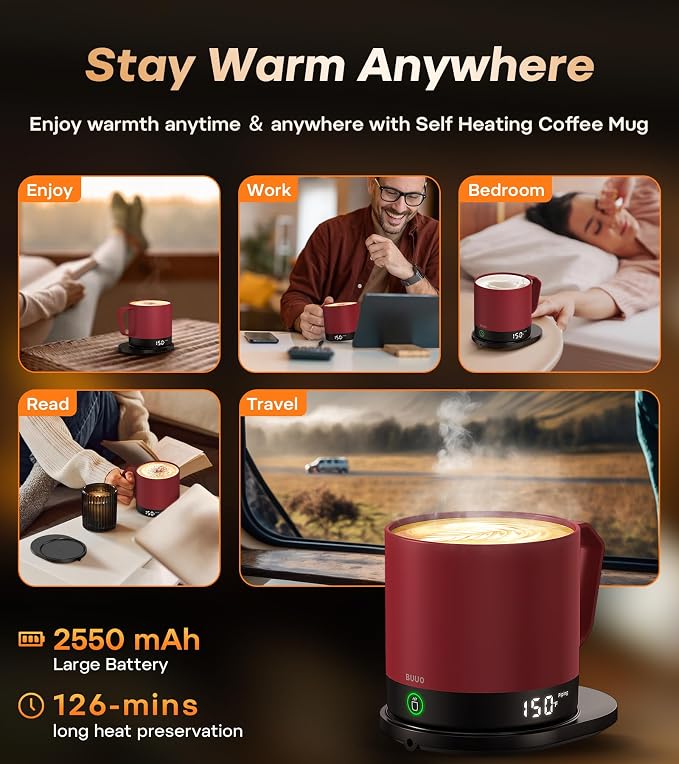 Heated Coffee Mug 14oz, Rechargeable Temperature Control Mug with Lid