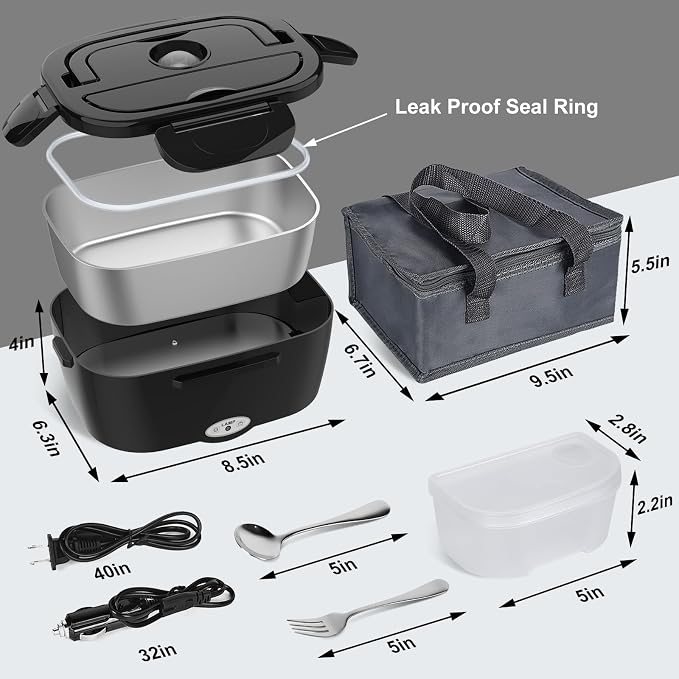 Vabaso Electric Lunch Box for Adults, 80W Heated LunchBox Portable Food Warmer Lunch Box for Work/Men/Car/Truck with 1.5L 304 Stainless Steel Container Fork & Spoon, 110V/12V/24V