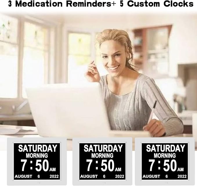Medication Reminder Digital Calendar Dementia Day Date Time of The Week Clock for Seniors Elderly Impaired Vision Memory Loss Clock