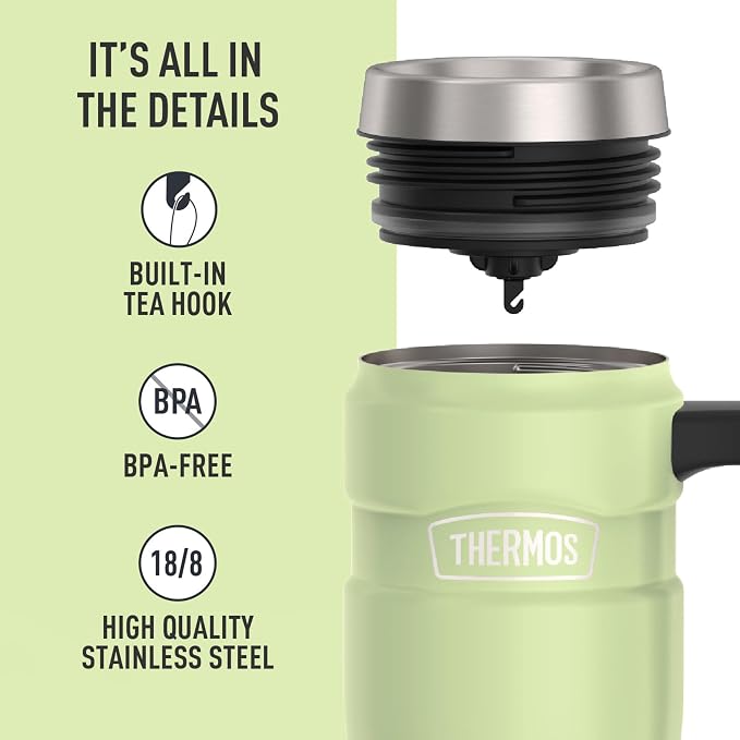 THERMOS Stainless King Vacuum-Insulated Travel Mug with Handle - 16oz, Matte Green Tumbler for Hot & Cold Drinks - Leak & Sweat-Proof Stainless Steel Coffee Mug with Lid for Commuting