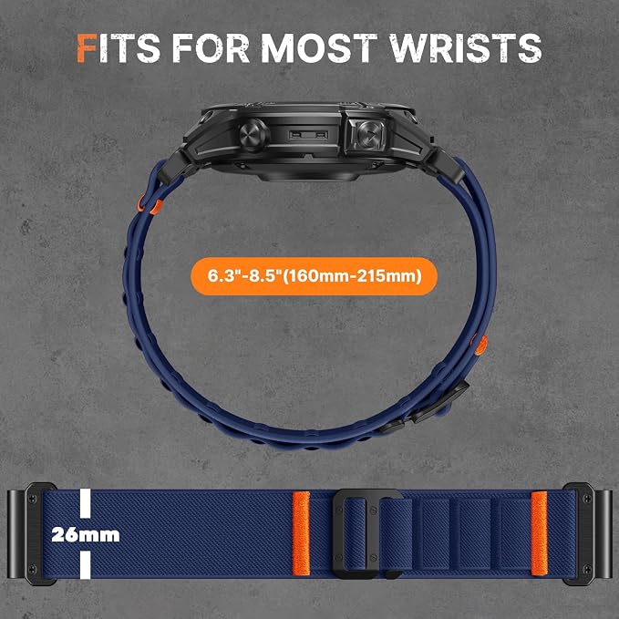 Bandletic 26mm Bands Compatible with Garmin Fenix 5x Watch Band, Nylon Stretchy Rugged Loop Sport Straps with G-Hook for Fenix 8 51mm/7X 6X Pro/Plus/3/3 HR/Tactix/Epix Pro2 51mm//Instinct 2X, Navyblue