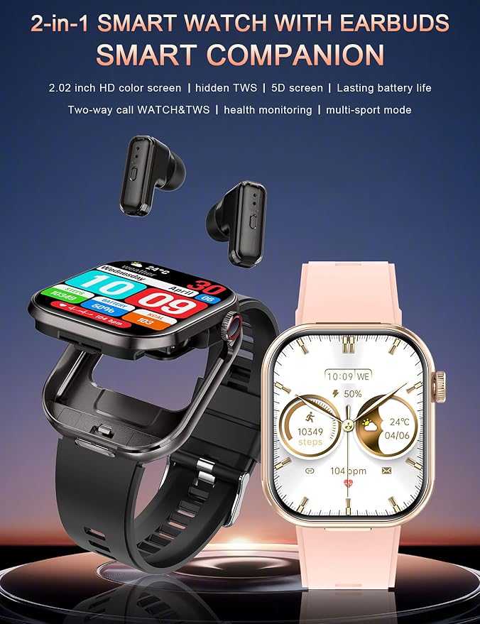Smart Watch with Earbuds, 2.02" HD Screen, 2 in 1 Fitness Tracker with Wireless Earphone, Waterproof, Compatible for Android iOS, Comes with 2 Watch Straps, Rose Gold