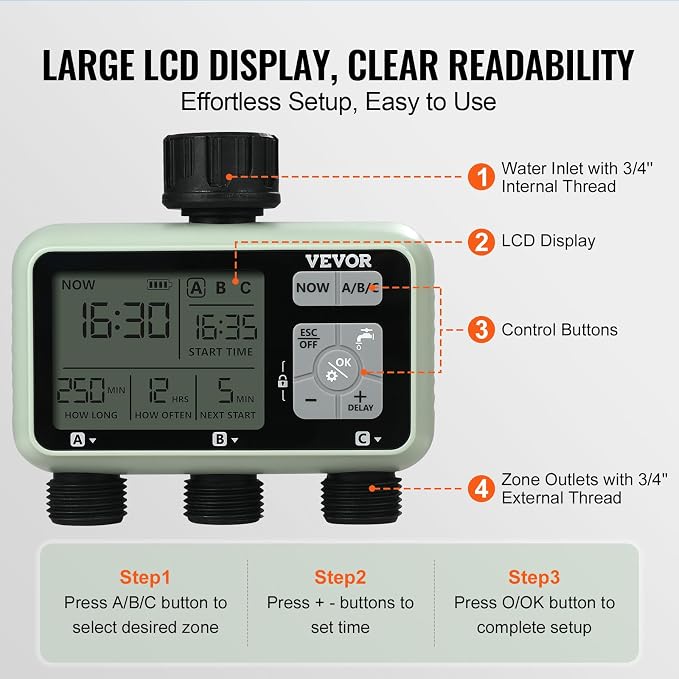 VEVOR Water Timer, 3 Outlets, Hose Watering Sprinkler Timer, with 3 Independent Watering Zone LCD Display Rain Delay Mode Manual Mode 360° Brass Inlet Metal Filter, IPX6 Waterproof for Yard Watering