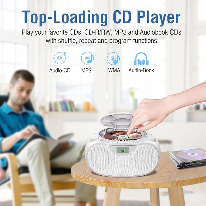 Nextron Portable CD Player Bluetooth Boombox with AM/FM Radio, USB, AUX-in, Headphone Jack, CD-R/RW & MP3-CD Compatible, Stereo Sound with Bass Boost, AC/Battery Operated – White