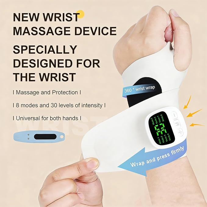 Carpal Tunnel Wrist Massager, 8 Modes & 30 Levels 360° Ergonomic Surround Support Wrist Massager, Detachable Main Unit, Adjustable Thumb Loop for Home/Workplace Hand Pain Relief