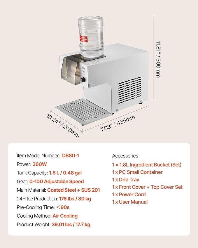 VEVOR Snowflake Ice Machine, 176LBS/24H Snowflake Ice Maker, Ice-Shaver Machine with Stainless Steel Blade, Electric Snow Cone Maker with 0.48Gal Tank, 90S Fast Pre-Cooling, for Home & Small Gathering