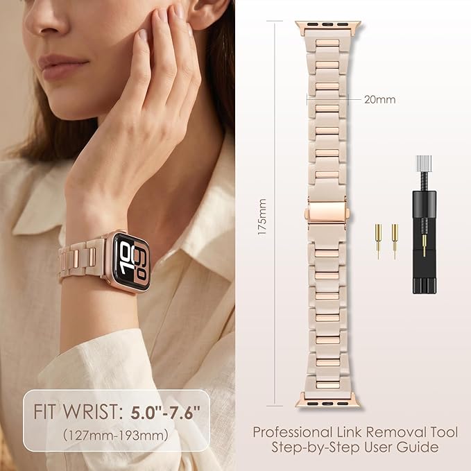 V-MORO Resin Metal Band Compatible with Apple Watch 42mm 41mm 40mm 38mm,Fashion Lightweight Bracelet with Polished Rose Gold Stainless Steel Inlay for iWatch Series 11/10/9/8/7/6/5/4/3/2/1/SE,Oatmeal