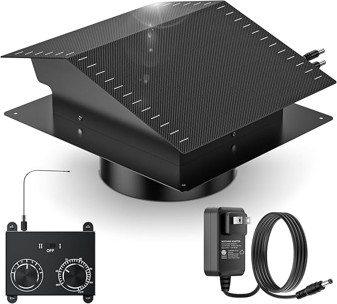 20 Watt Solar Roof Vent Fan - MPPT Controller with Thermostat, Adjustable Wind Speed, 2 Modes, Adapter, Dual Power Auto-Switch for 24/7 Operation - Cools up to 1100 Sq.Ft, for Small Attic Garage Shed