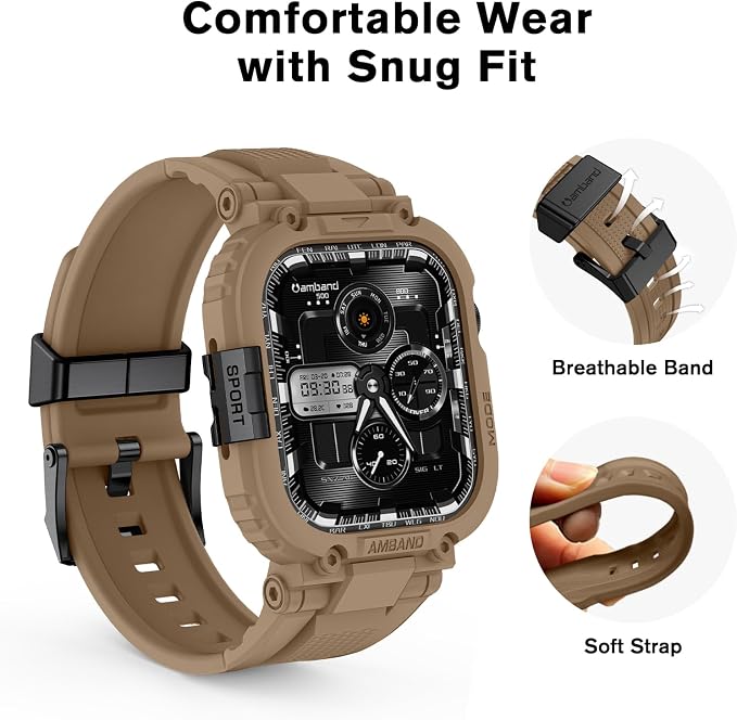 amBand Compatible with Apple Watch Series 11/10 42mm Bands Case for Men Women, M1 Sport Rugged Heavy Duty Protective Cover Tactical Strap Military Protector Bumper for iWatch Accessories - Desert Tan