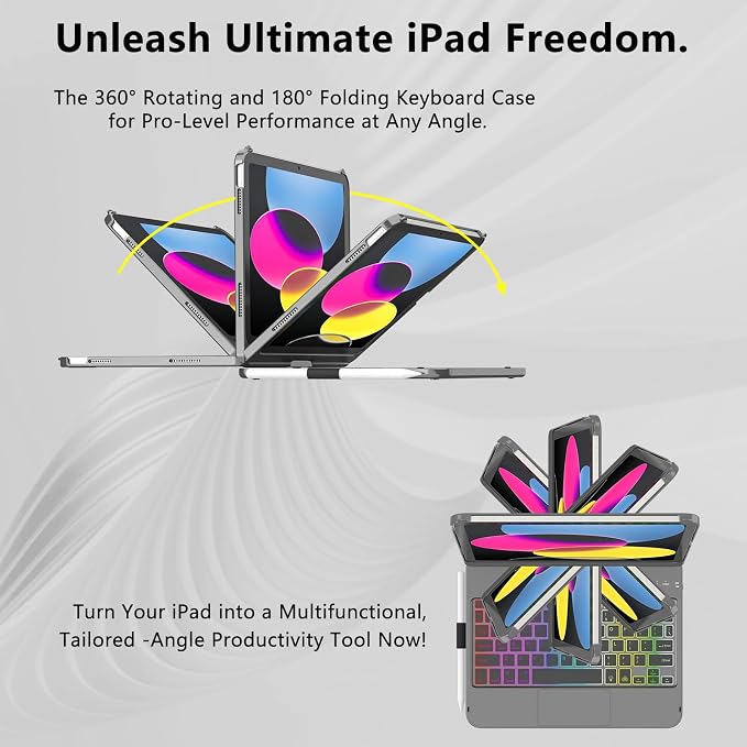 HOTLIFE for iPad A16 11th Generation/10th Generation Case with Keyboard,Touch Keyboard for iPad 11" /10th Gen 10.9 inch 2022-10 Color Backlight, 360° Rotatable Protective Cover (Titanium Gold Grey)