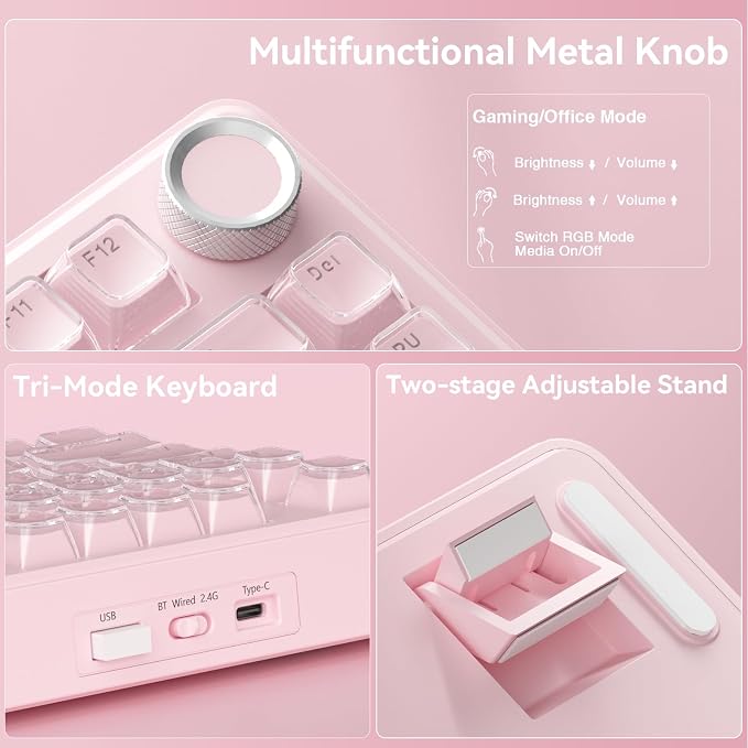 SOLAKAKA A75 Wireless Gaming Keyboard with Multifunction Knob, BT5.0/2.4GHz/USB-C, 75% Mechanical Keyboard, Hot-Swappable, Gasket Creamy Keyboard with RGB Backlit, Crystal Keycaps, for PC/Mac/PC