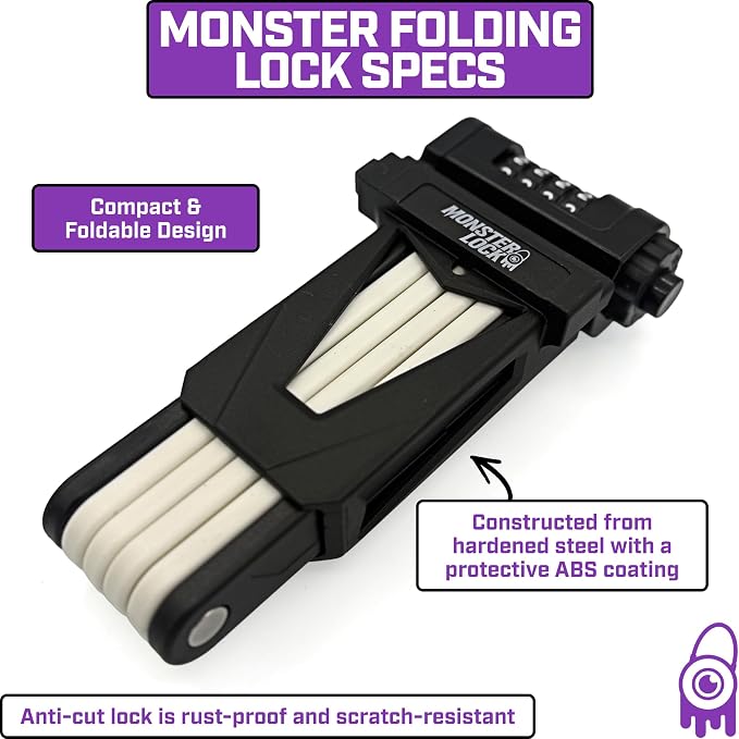 Monster Folding Bike Lock – Heavy-Duty Anti-Theft Hardened Steel, Rust-Proof, Foldable Compact High-Security Lock for Bicycle, Scooter & Motorcycle (White Combo)