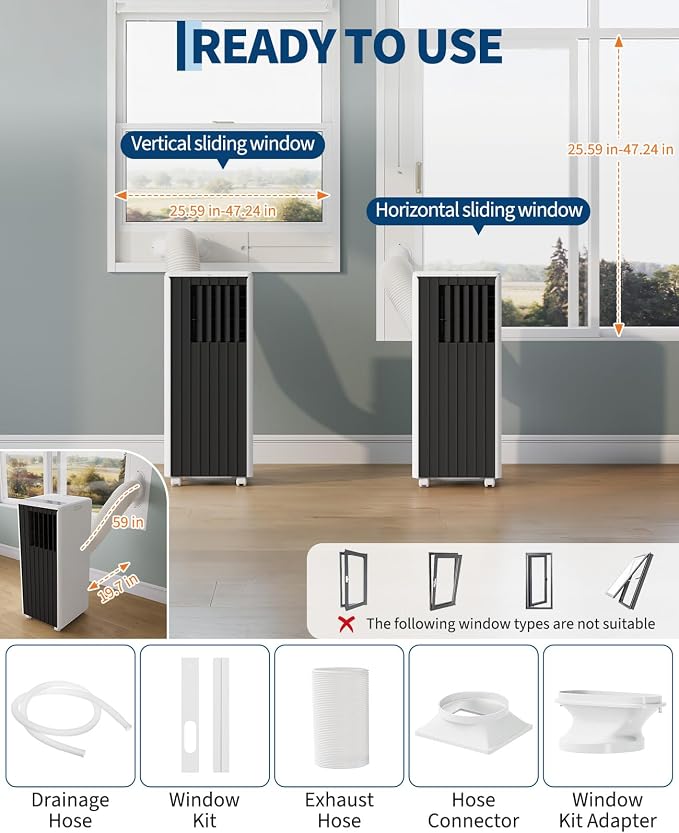 8000 BTU Portable Air Conditioner - 3 in-1 AC Unit Cools 350 Sq. Ft Rooms, Quiet 50 dB Operation w/Touch Control & Remote, Includes Window Kit & 24H Timer, Dehumidifier & Fan Modes for Bedroom, Black