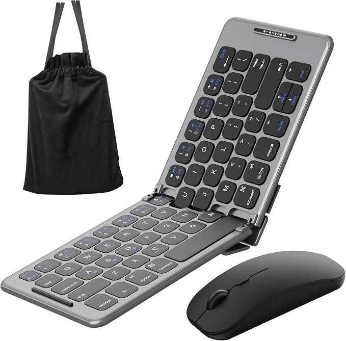 Folding & Foldable Bluetooth with Wireless Keyboard and Mouse Combo for Business Travel, 2.4G Wireless + Bluetooth 5.1, USB-C Rechargeable Portable Combo for Mac,Phones,Laptop,iPad,Tablet