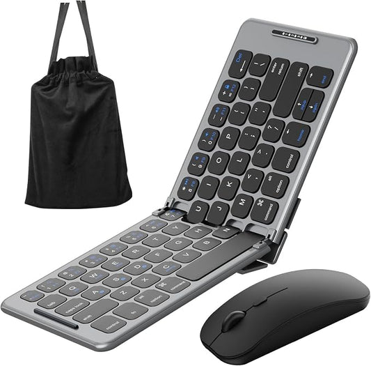 Folding & Foldable Bluetooth with Wireless Keyboard and Mouse Combo for Business Travel, 2.4G Wireless + Bluetooth 5.1, USB-C Rechargeable Portable Combo for Mac,Phones,Laptop,iPad,Tablet