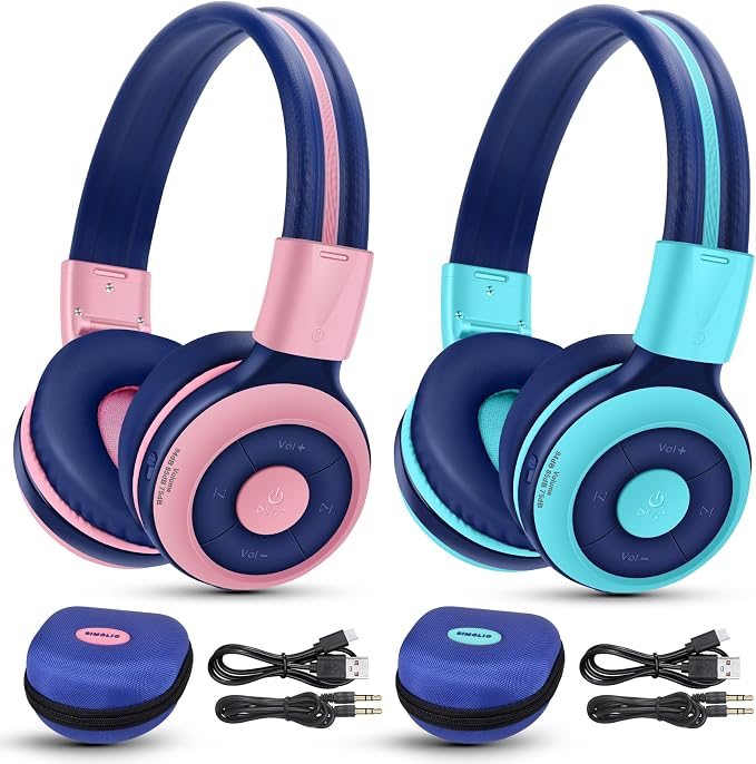 SIMOLIO 2 Pack Wireless Kids Headphones with Share Port, 75/85/94dB Volume Limiting, HD Mic, USB C Charging, Foldable Headphones with Travel Case for iPad Tablet School Airplane Boys Girls