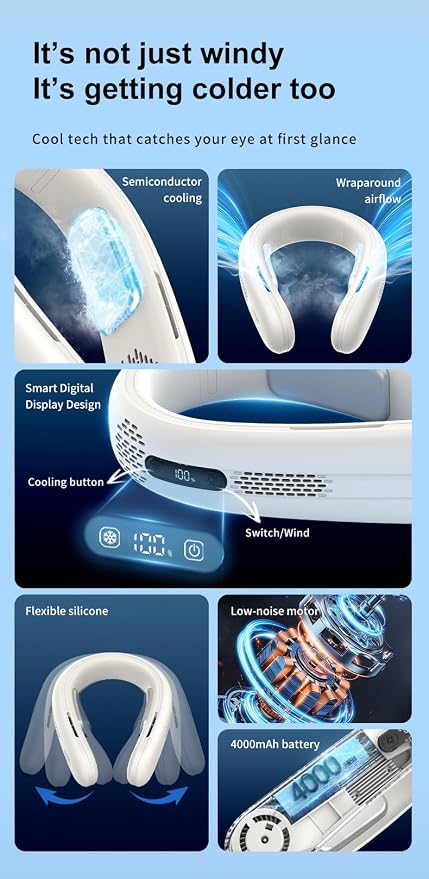 Enhanced Double-Sided Cooling Rechargeable Neck Fan, Outdoor Portable Silent Cooling Hanging Neck Fan, Three Cold Compress Modes.