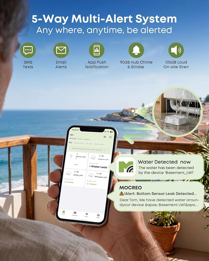 MOCREO LW1 Long Range Water Leak Detector, 105dB Adjustable Alarm, IP67 Waterproof, Leak Severity Tracking, SMS App Email Alert, Water Sensor for Basement Pipe Laundry (H5Pro or H6Pro Hub Required)