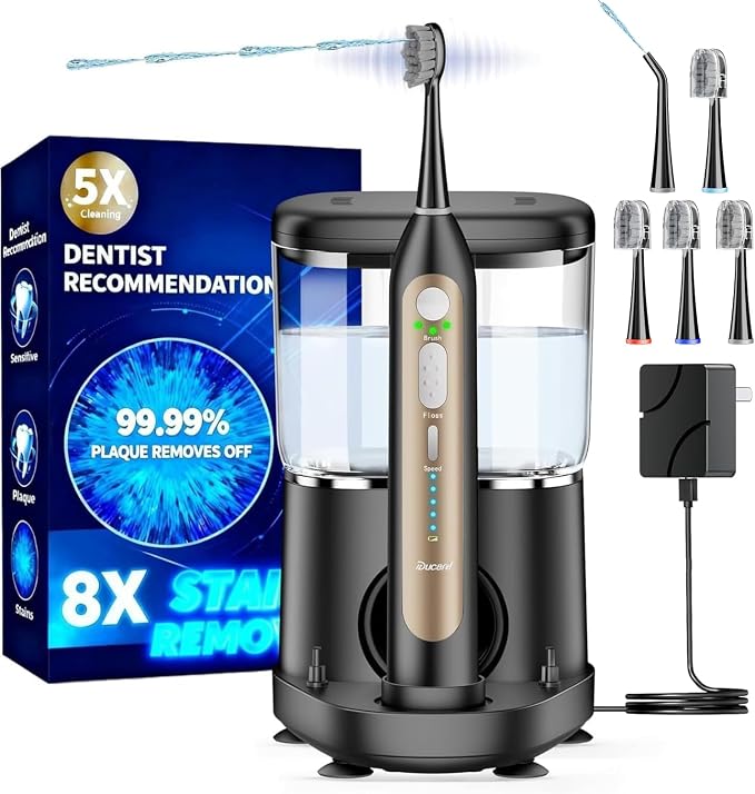 Electric Toothbrush with Water Flosser, Upgraded Flossing Toothbrush Combo for Adults, 5 Speeds & 3 Modes, 30 Days/Charge for Teeth Cleaning and Plaque Removal, Sensitive Teeth & Dental Implants-500ML