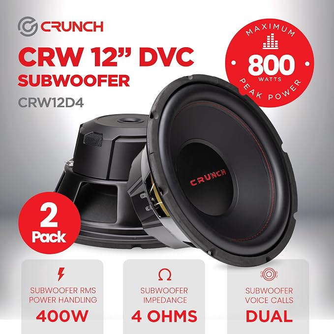 Crunch CRW12D4 12 Inch 800 Watt RMS 4 Ohm Dual Voice Coil Car Audio Subwoofer Speakers with Spade Terminals for Sealed or Vented Enclosure (2 Pack)