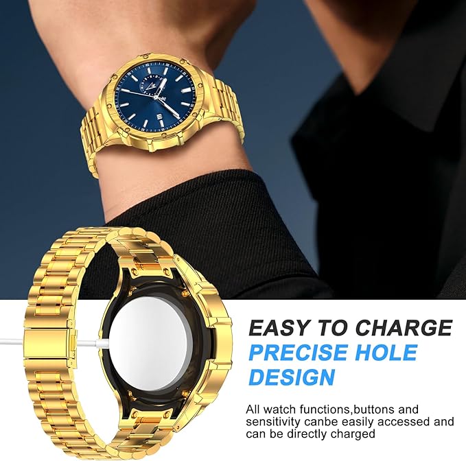 BAITEYOU Stainless Steel Bands with Case Compatible with Samsung Galaxy Watch 7 44mm, Rugged Protective Case Cover and Metal Band for Samsung Galaxy Watch 7 44mm for Men (Gold)