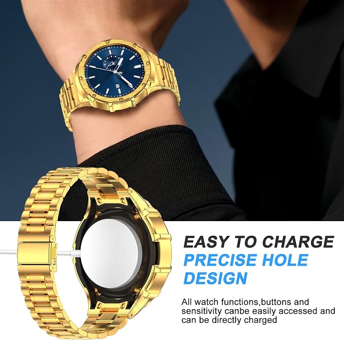 BAITEYOU Stainless Steel Band with Case Compatible with Samsung Galaxy Watch 5 pro 45mm Bands, Protective Metal Case Cover and Band for Galaxy Watch 5 pro 45mm for Men (Gold)