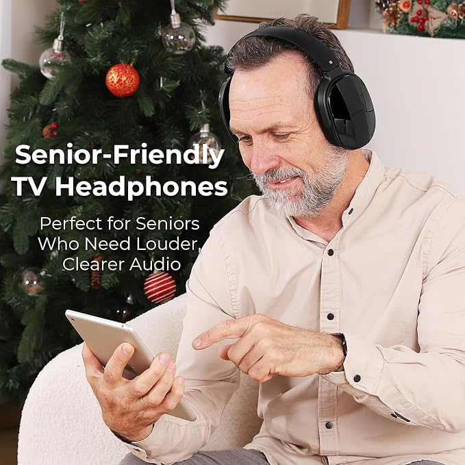 Wireless Headphones for TV with 2.4GHz RF Transmitter Charging Holder, Personal Volume, Plug and Play, 100FT, Bluetooth TV Headphones Wireless for Seniors, No Delay, Support OPT/RCA/AUX, Black, DB100