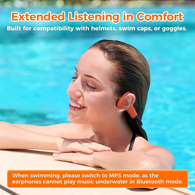 Full-Coverage Liquid Silicone Swimming Headphones, IP68 Waterproof Underwater Headphones, Bluetooth 6.0&MP3 with 32GB Memory Card, Soft/Skin-Comfortable Open Ear Bone Conduction Swim Earbuds(Carrot