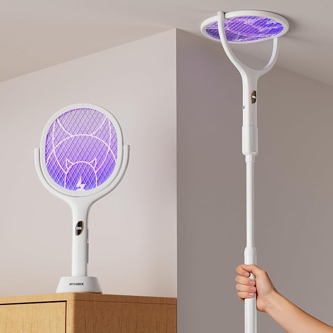 Nymrix Electric Fly Swatter Racket with Rotating Head & Telescopic Handle, 2-in-1 Bug Zapper, 4100V Rechargeable Mosquito Killer with 2600 mAh Battery for Indoor & Outdoor Use (White,2 Pack)