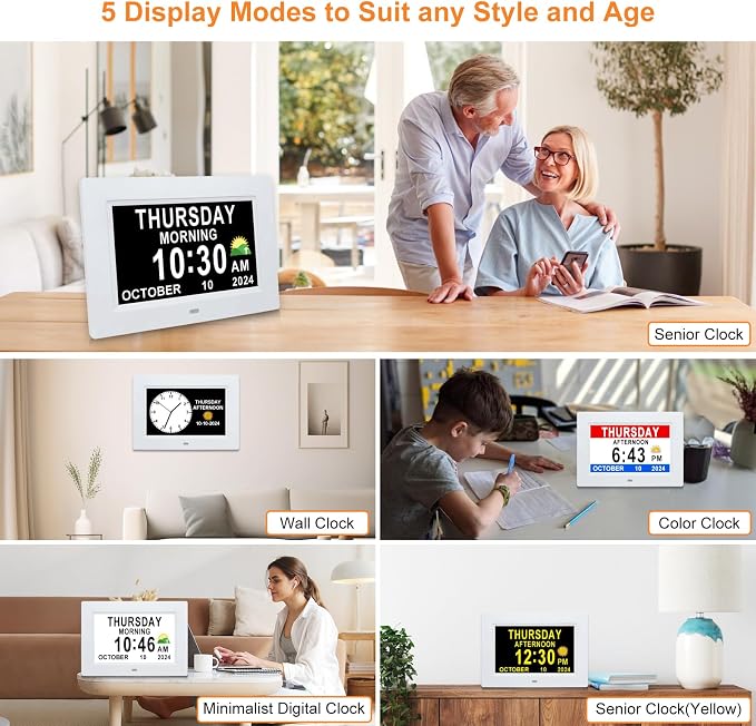SSINI Digital Calendar Dementia Alarm Clock with Day and Date for Elderly - 15 Alarms 5 Colors Display Digital Clock Large Display Alzheimers Large Digital Clock for Seniors (7in White)