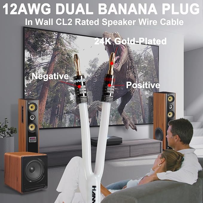 12AWG Speaker Cable (3 Feet), 1 Pack Premium Heavy Duty Braided Speaker Wire with Dual Gold Plated Banana Plug in-Wall CL2 Rated, Oxygen-Free Copper (White)