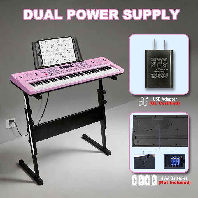 61 Key Keyboard Piano, Digital Kids Piano Keyboard with Stand, Gift for Early Education Children, Pink