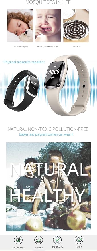 Ultrasonic Mosquito Repellent Bracelets Watch Adjustable Silicone Wristbands Outdoor Bracelets for Kids & Adults Non-Toxic Natural (1Pack M2 Beige Watch)
