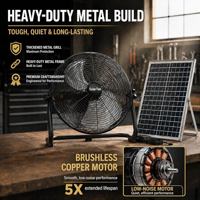 18" Solar Powered Fan - Rechargeable Floor Fan with Solar Panel & AC Charging, 60H Runtime Battery, Cordless Portable Outdoor Fans for Home Camping RV Patio Gazebo Greenhouse Power Outage