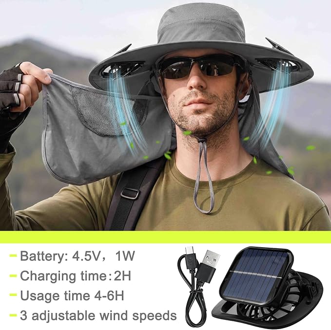 Sun Hat with Fan for Women Men Wide Brim Fishing Solar Hat with Face Cover Neck Flap Reflective with Dual Power