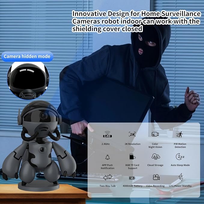 2K Indoor Robot Camera, 2.4G WiFi Robot Security Camera, Baby Pet Camera with Phone App, Long Battery Life, Two Way Audio, Night Vision, Battery Operated, PIR Motion Detection, Cloud & TF Card Storage