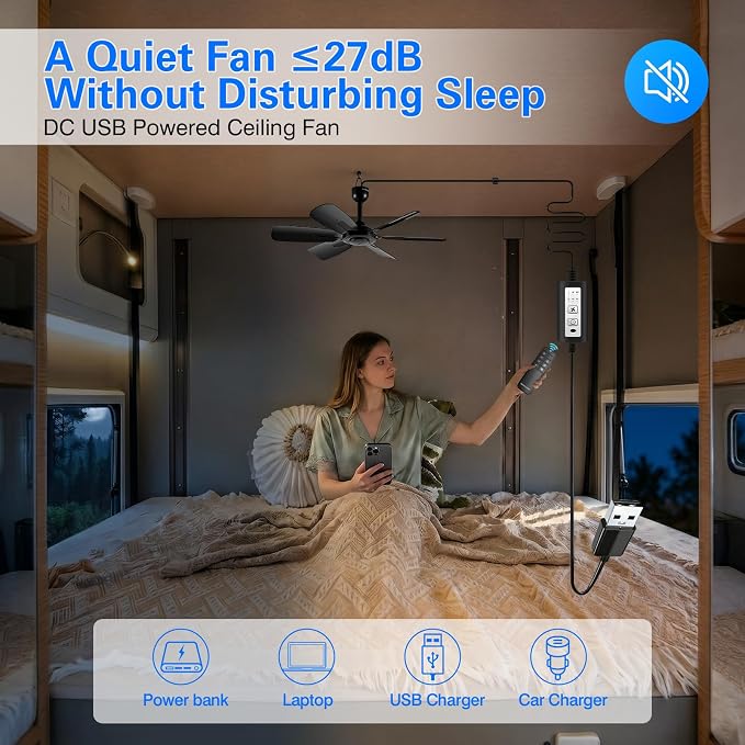 Portable Ceiling Fan, USB Plug-In, 5V DC Powered, 6 Blades, Indoor/Outdoor RV Camping Tent Canopy, Hanging, Quiet Operation (with power bank)